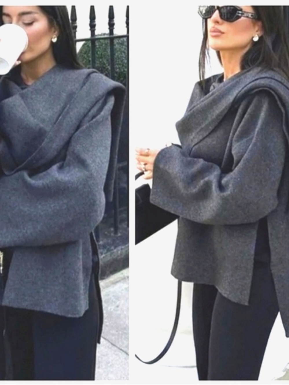 ZARA Off-the-Shoulder Dark Gray Knit Sweater with Draped Scarf